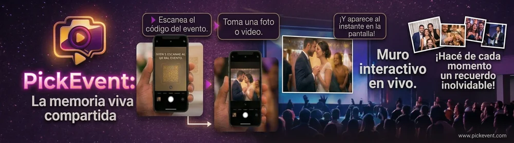 PickEvent — la memoria viva compartida: escanea el QR del evento y tus fotos aparecen al instante en la pantalla
